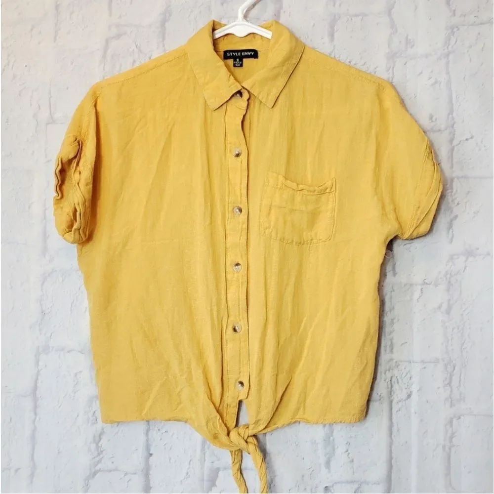 💜STYLE ENVY Linen-Blend Knotted Front Cropped Button Down Shirt Small